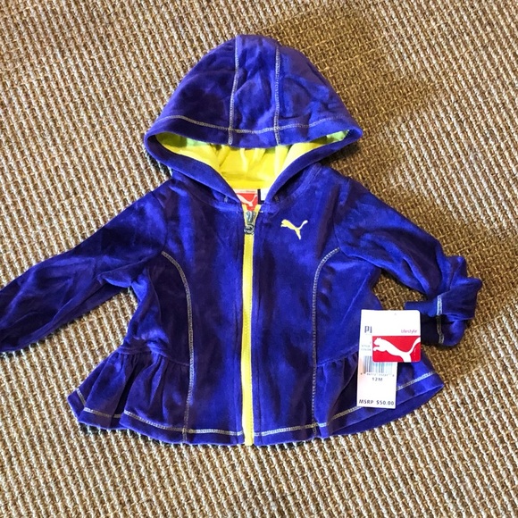 NWT Puma Baby Girl Velour Hooded Jacket in Purple and Neon, Size 12 Months - Picture 2 of 4